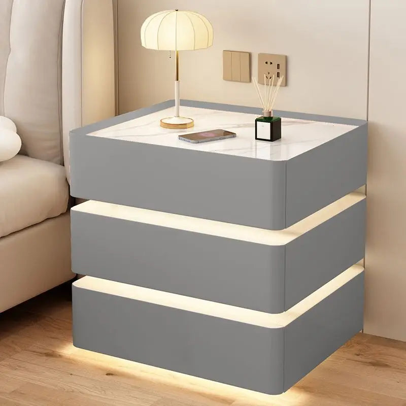 Modern Bedside Nightstands Multifunction 3 Drawers with Light