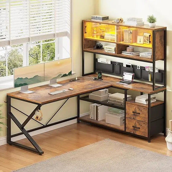 Shaped Computer Desk, Home Office Desk with 2 Drawer