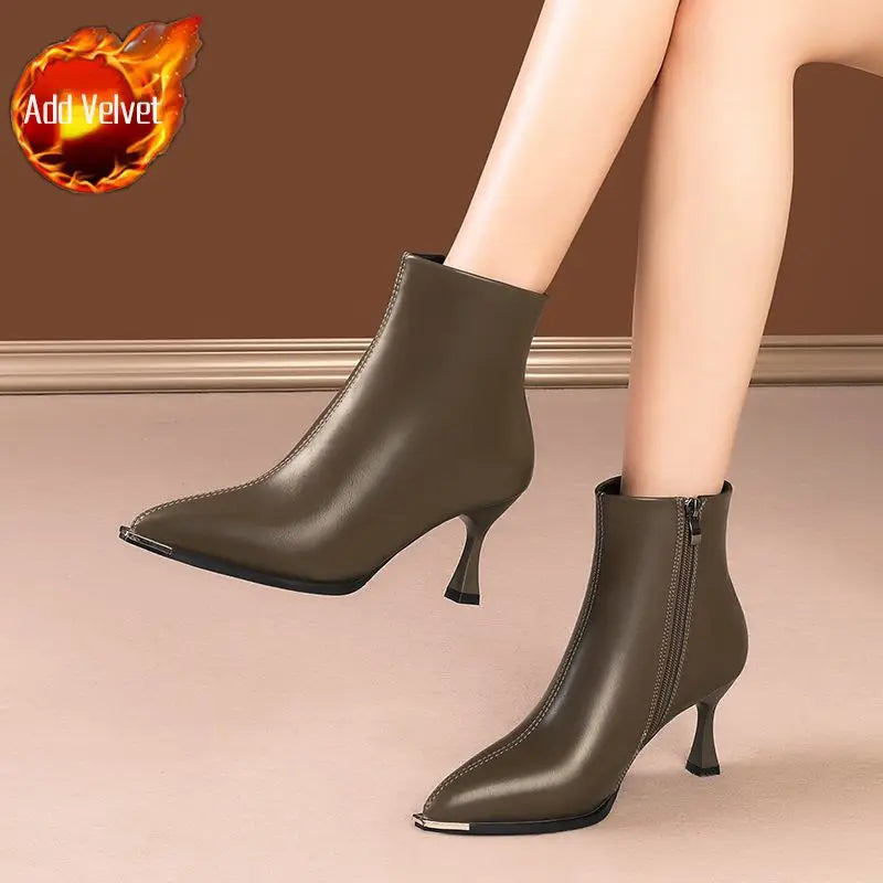 Heeled Leather Pointed Toe Woman Short Shoes