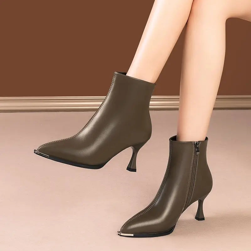 Heeled Leather Pointed Toe Woman Short Shoes