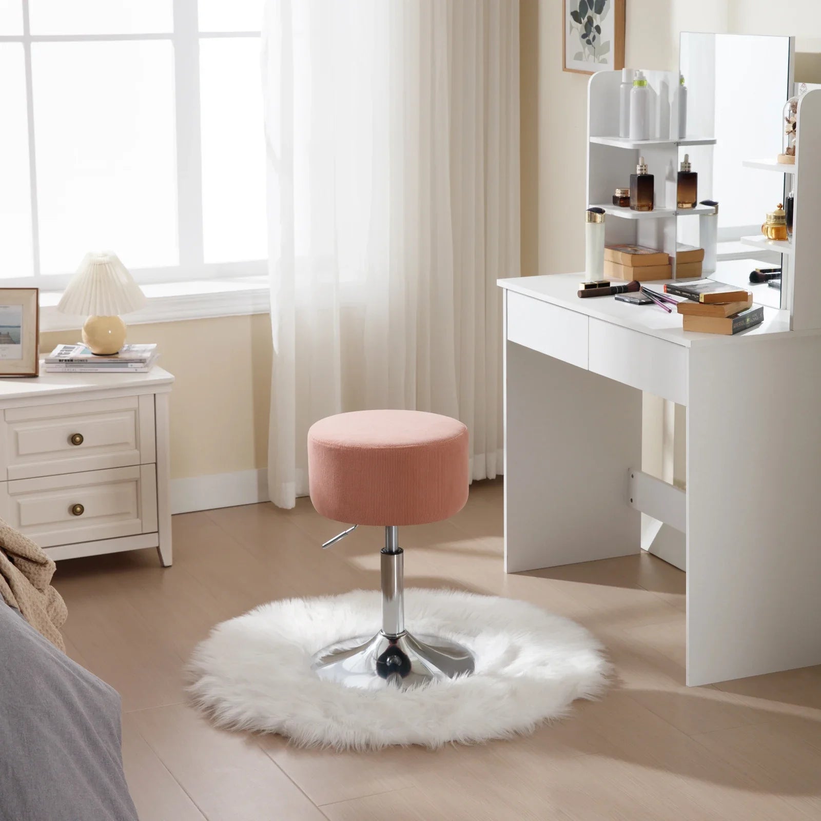 White Round Swivel Bar Stools Height-Adjustable Makeup Stools