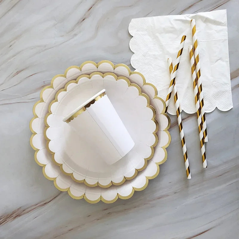 Gold and White Disposable Tableware Set with Paper Plates