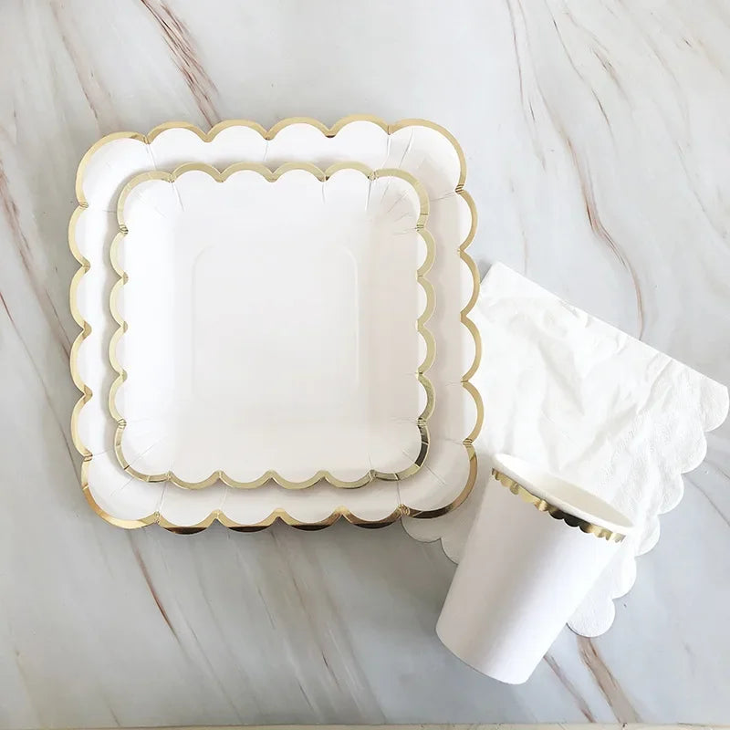 Gold and White Disposable Tableware Set with Paper Plates