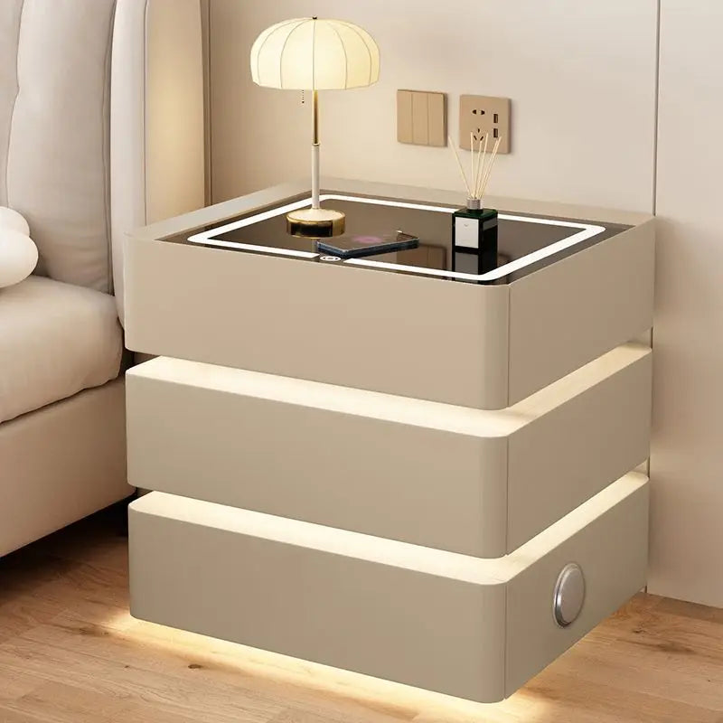 Modern Bedside Nightstands Multifunction 3 Drawers with Light