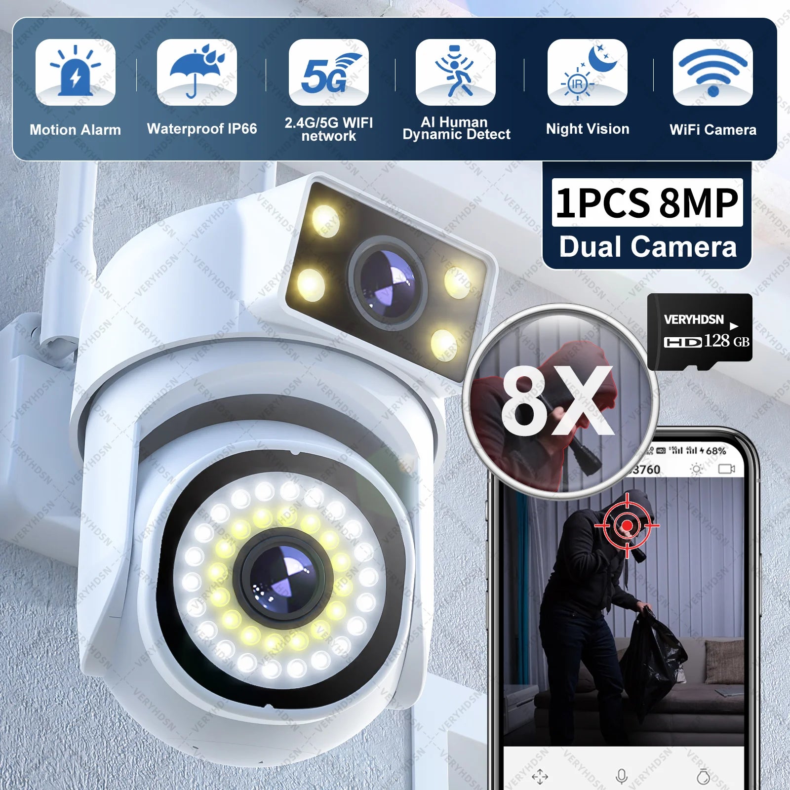 8MP 4K Dual Lens WIFI Surveillance Camera Outdoor