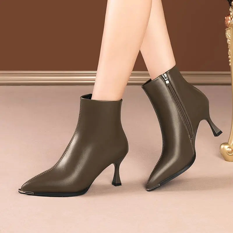 Heeled Leather Pointed Toe Woman Short Shoes