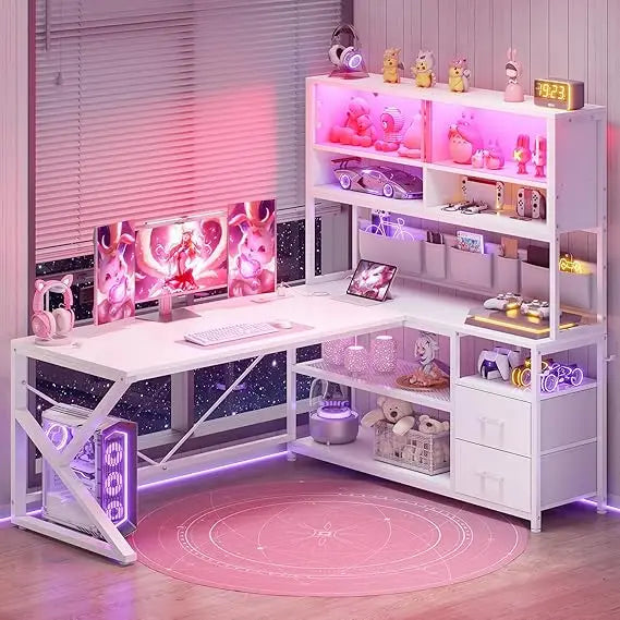 Shaped Computer Desk, Home Office Desk with 2 Drawer