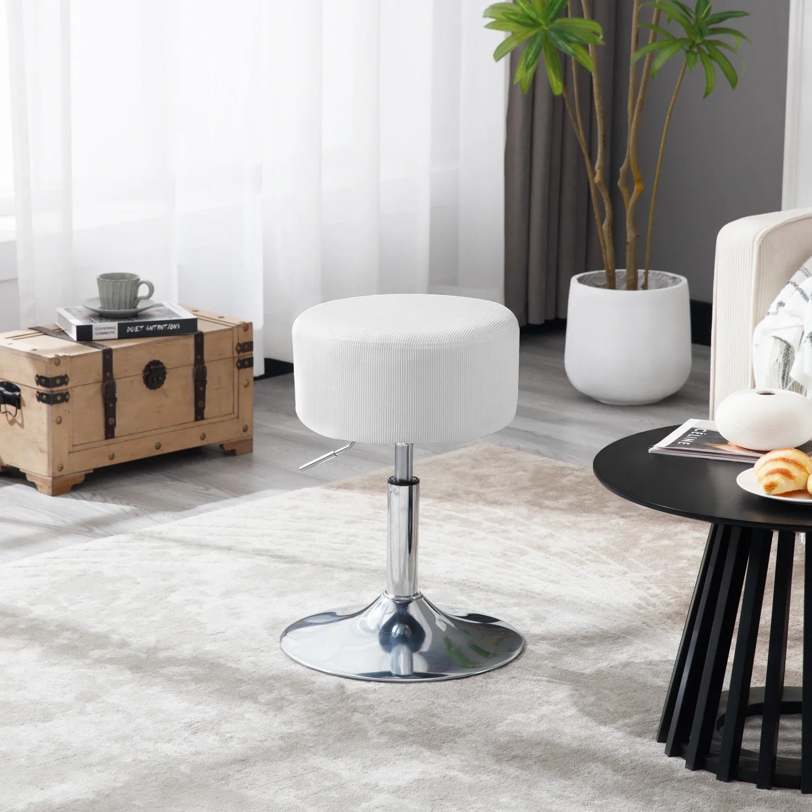 White Round Swivel Bar Stools Height-Adjustable Makeup Stools