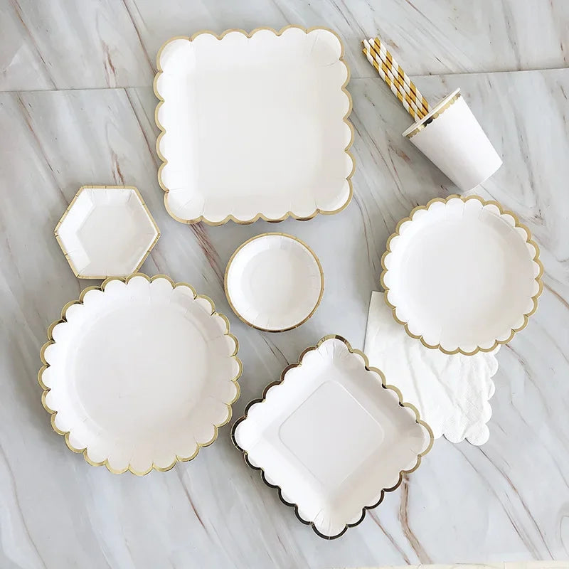 Gold and White Disposable Tableware Set with Paper Plates