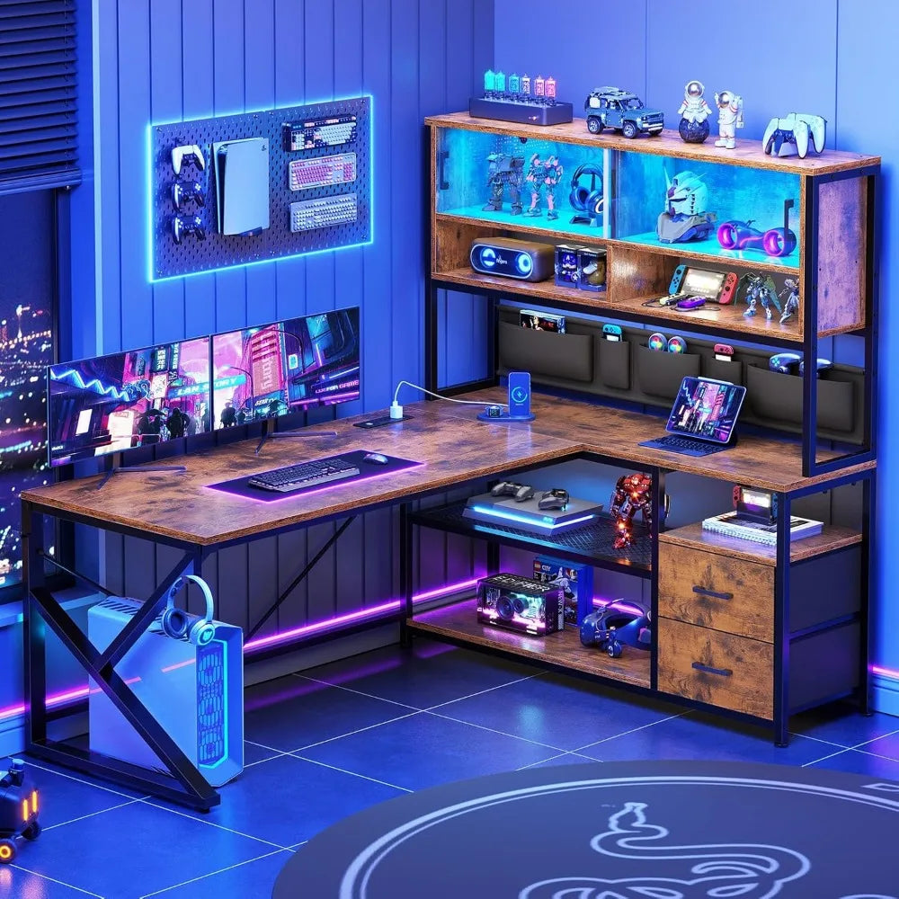 Shaped Computer Desk, Home Office Desk with 2 Drawer