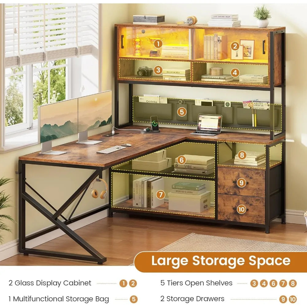 Shaped Computer Desk, Home Office Desk with 2 Drawer