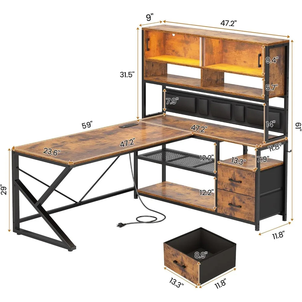 Shaped Computer Desk, Home Office Desk with 2 Drawer