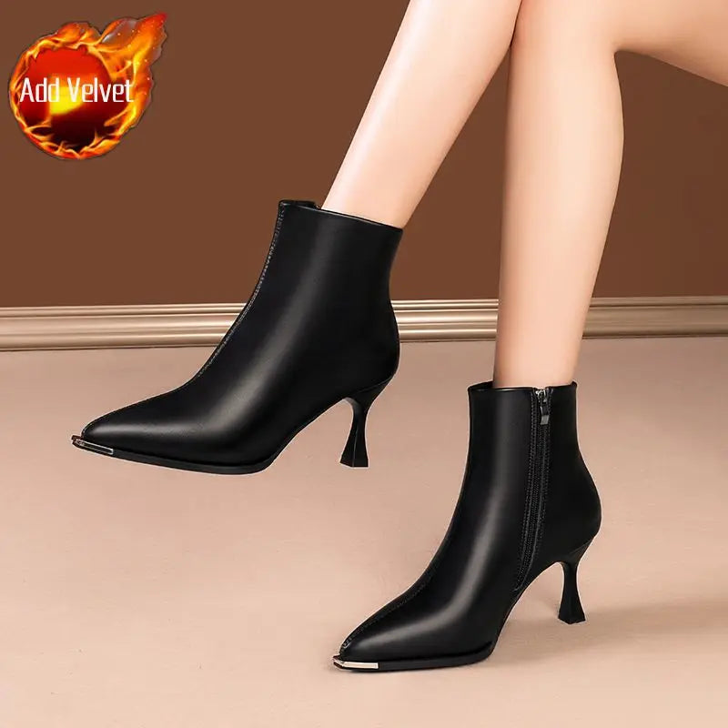 Heeled Leather Pointed Toe Woman Short Shoes