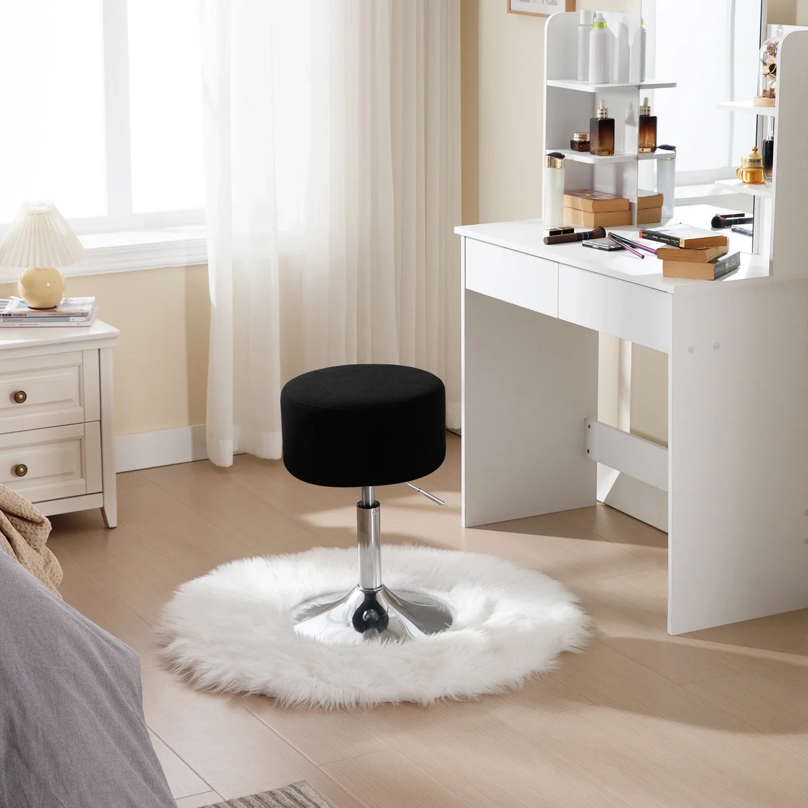 White Round Swivel Bar Stools Height-Adjustable Makeup Stools