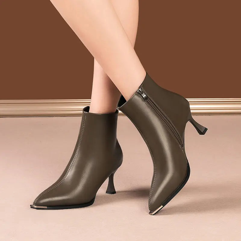 Heeled Leather Pointed Toe Woman Short Shoes