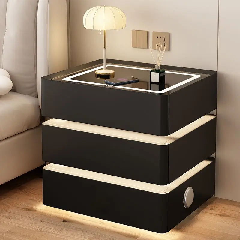 Modern Bedside Nightstands Multifunction 3 Drawers with Light