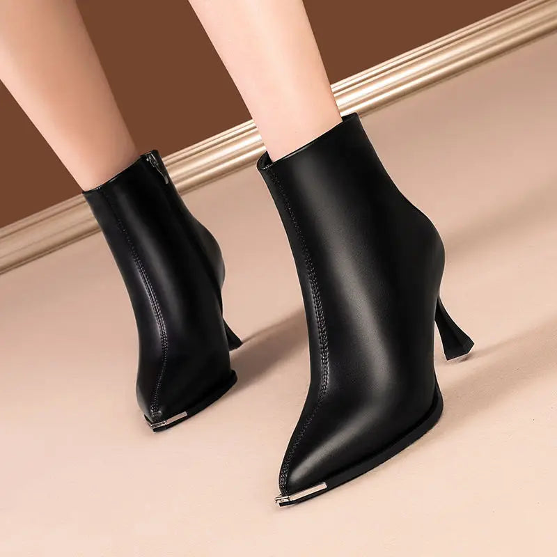 Heeled Leather Pointed Toe Woman Short Shoes