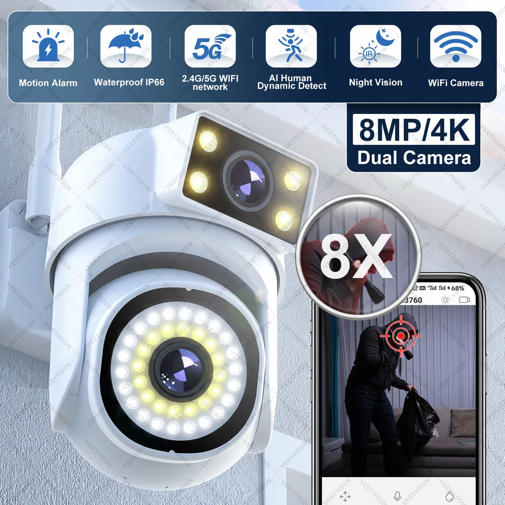 8MP 4K Dual Lens WIFI Surveillance Camera Outdoor