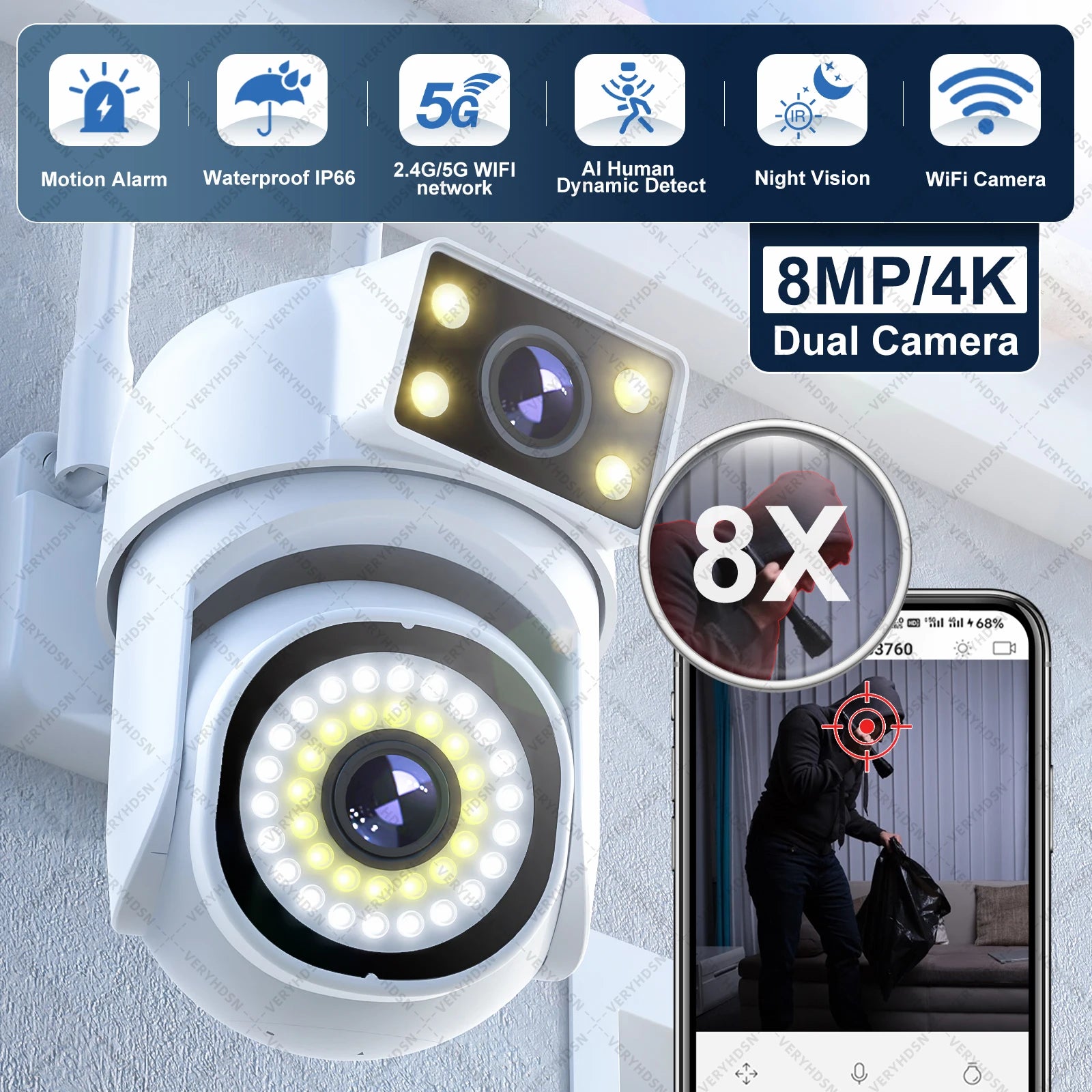 8MP 4K Dual Lens WIFI Surveillance Camera Outdoor