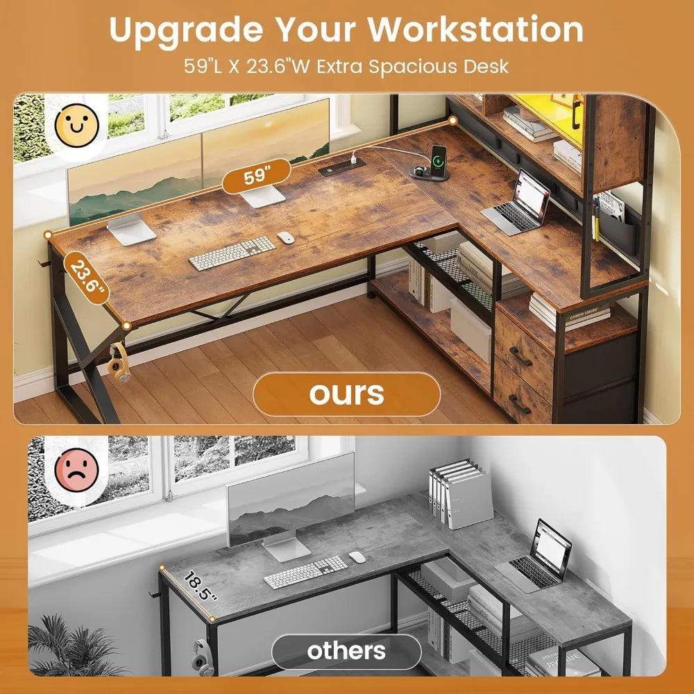 Shaped Computer Desk, Home Office Desk with 2 Drawer