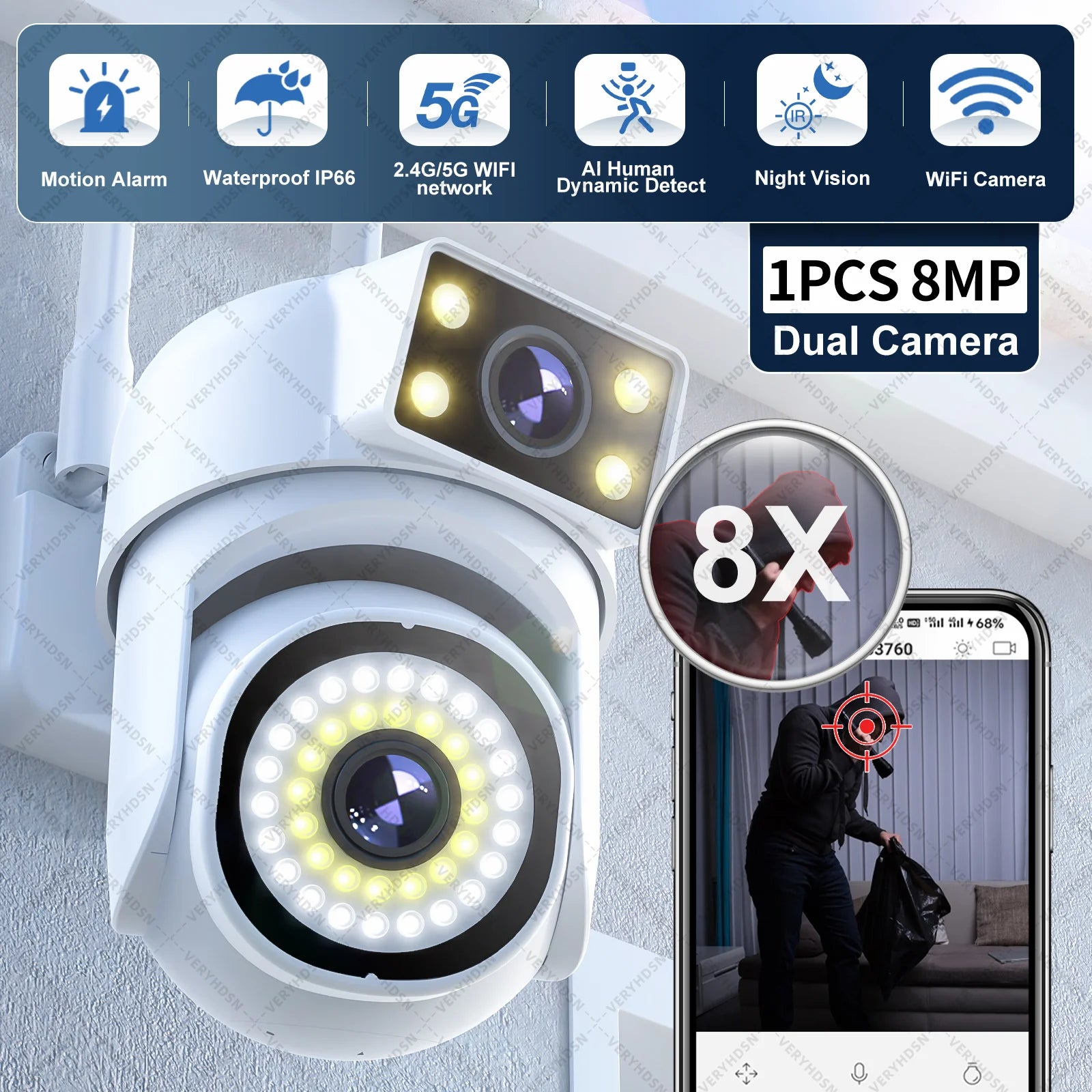 8MP 4K Dual Lens WIFI Surveillance Camera Outdoor