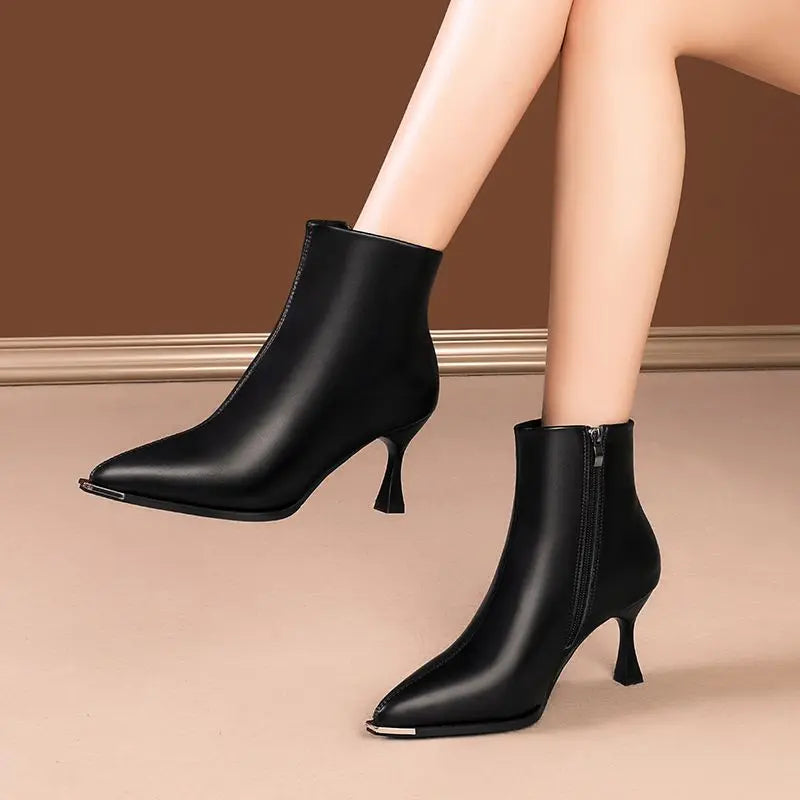 Heeled Leather Pointed Toe Woman Short Shoes